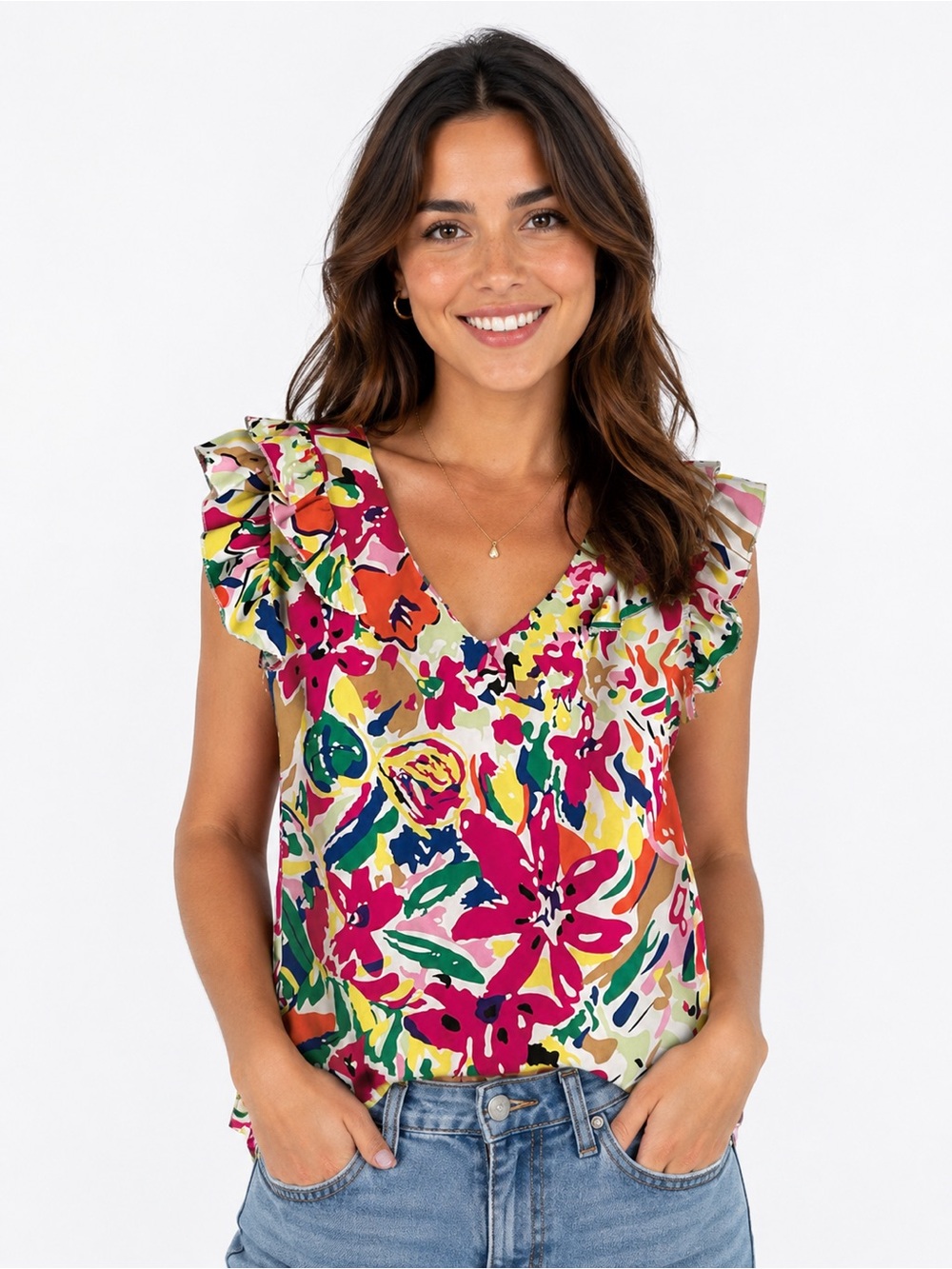 Emery Rose Tropical Floral Ruffle Sleeveless Shirt Size XL